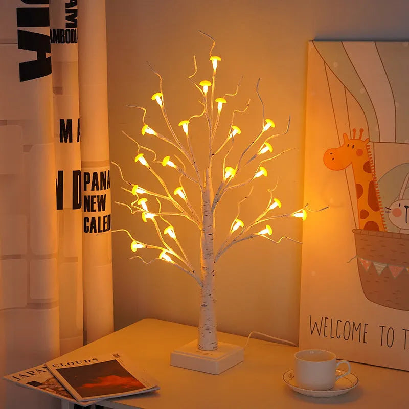 60cm tall mushroom tree LED lamp with birch design and 24 detachable plastic flowers
