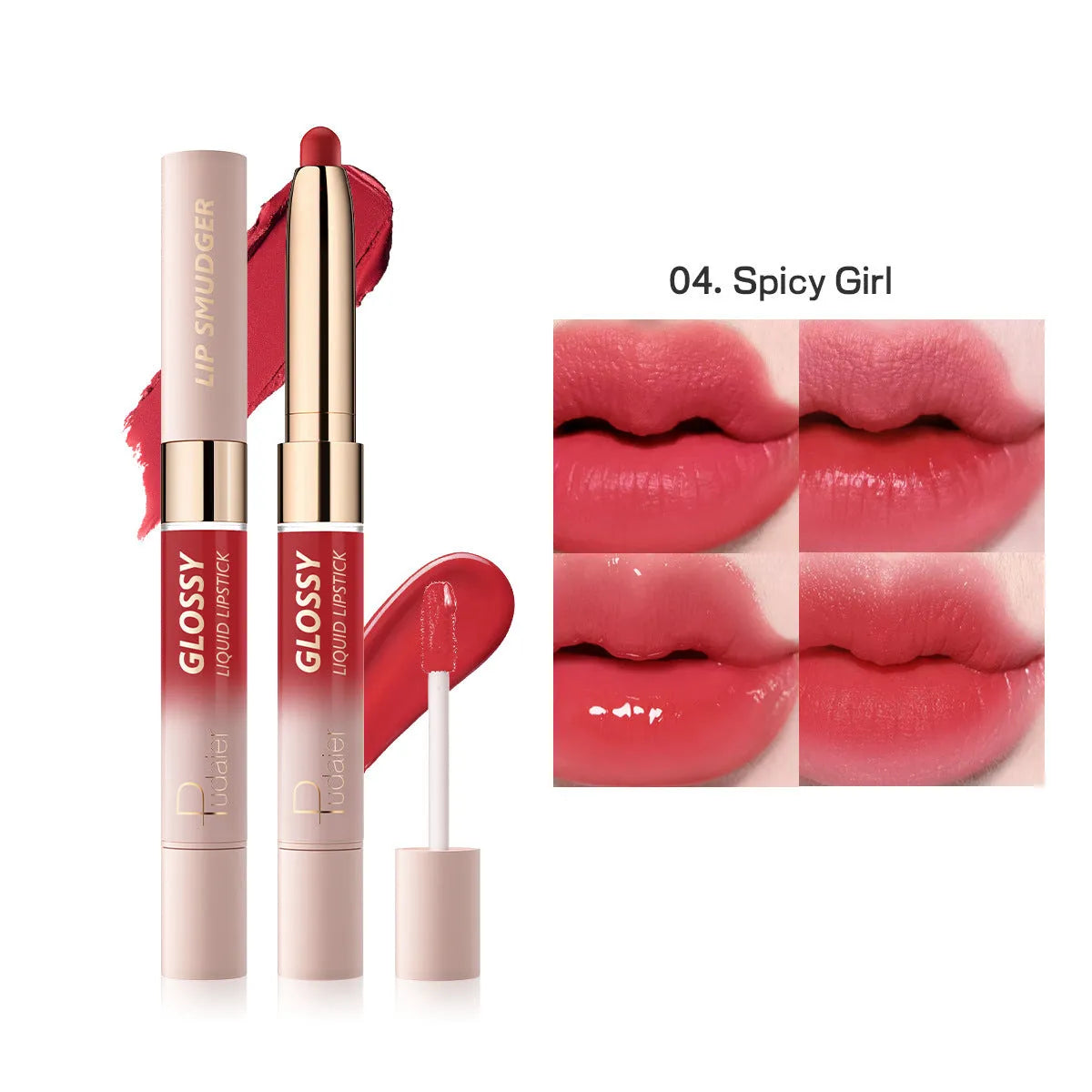 Double-headed lipstick showing matte and glossy finishes in one of 10 available colours