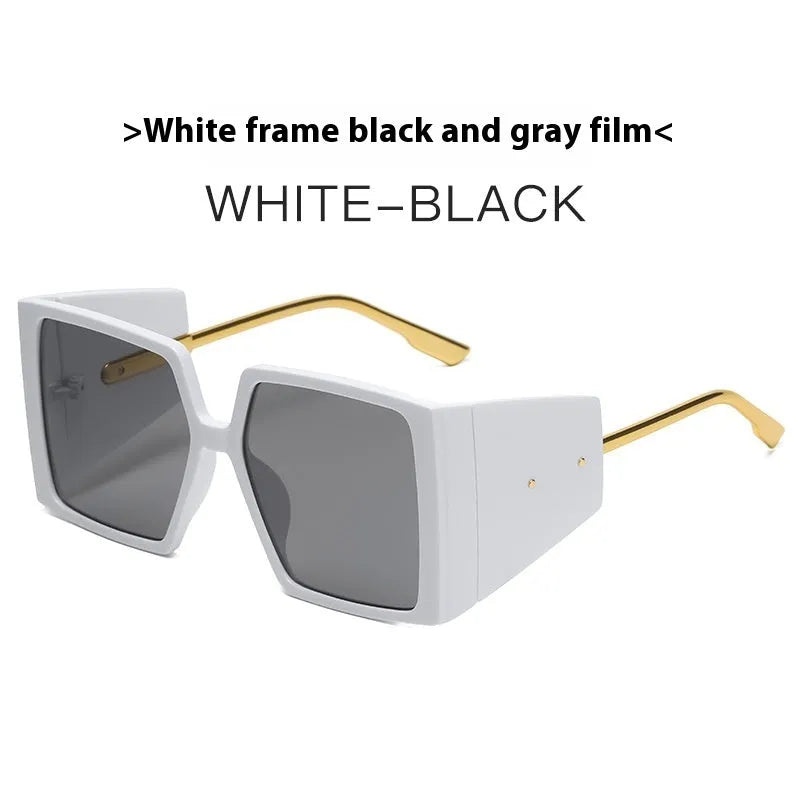 Large square frame metal sunglasses showing available colour options on an adult face.