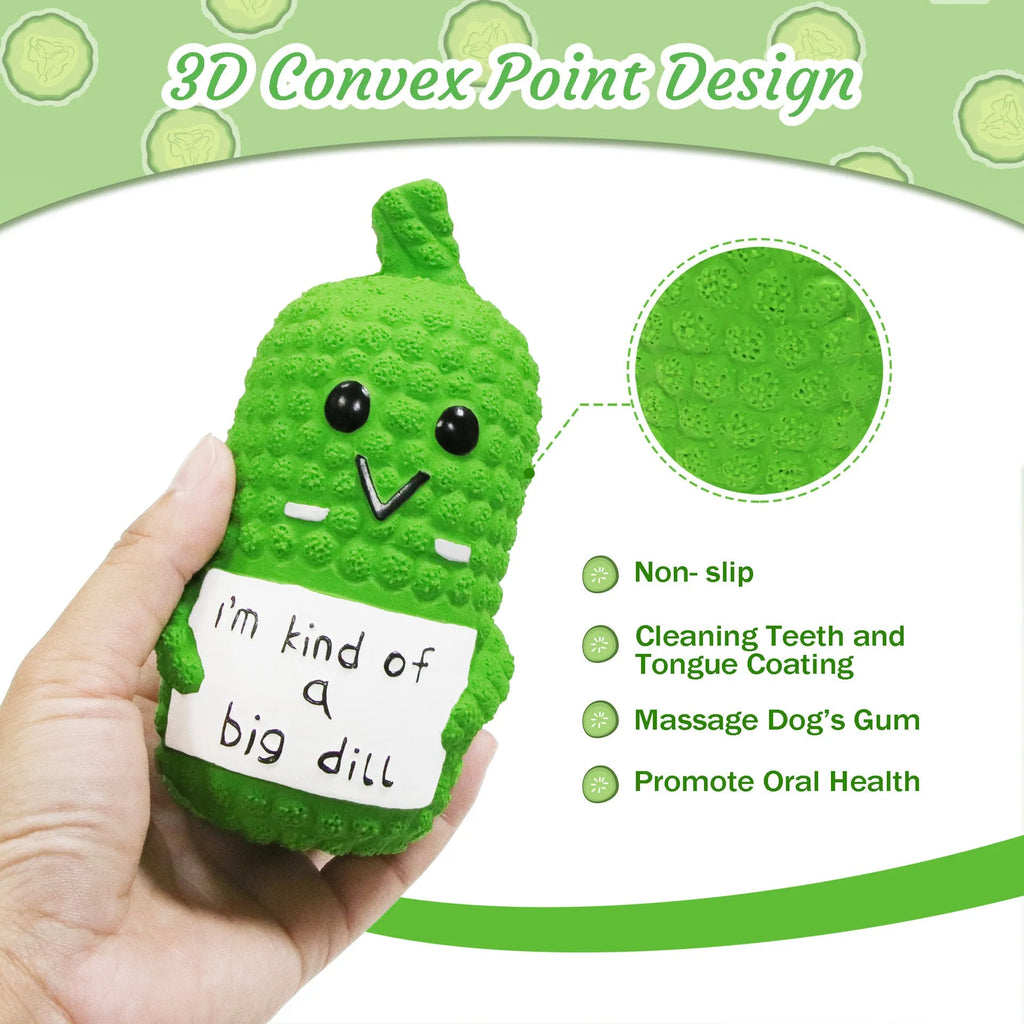 Green pickle-shaped latex dog chew toy with textured exterior and squeaker