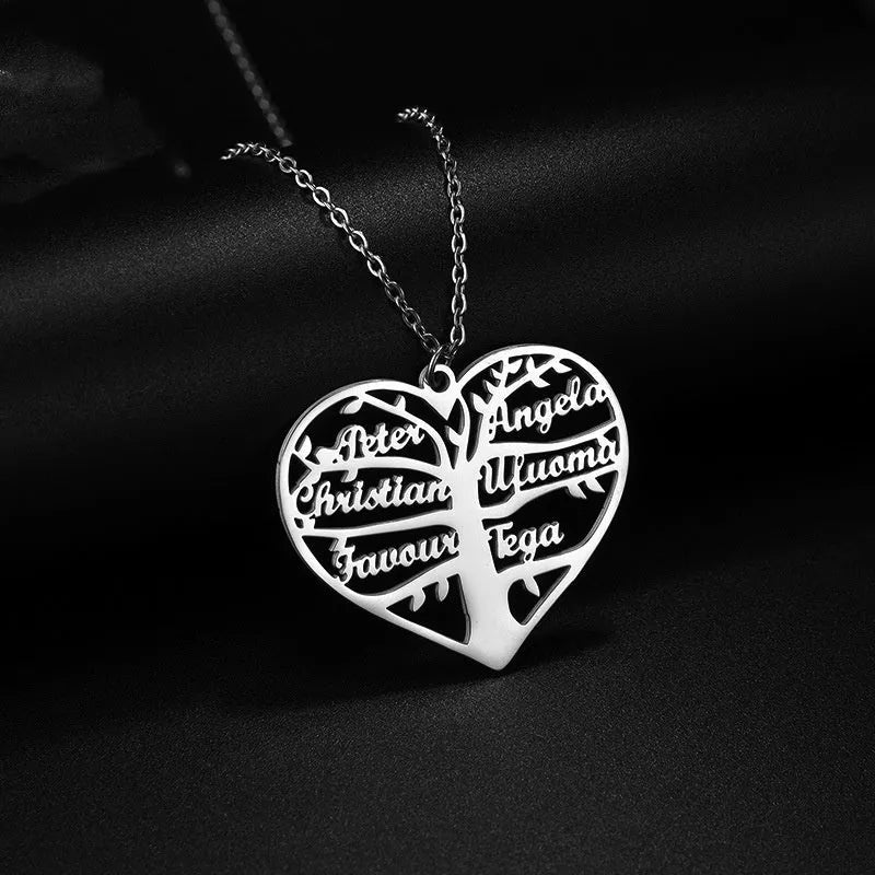 Custom stainless steel necklace with hollow heart, letter, and lucky tree pendant, available in silver, gold, rose gold.