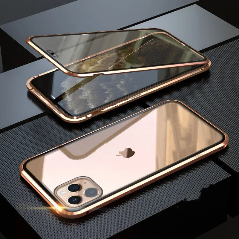Glass clamshell anti-spy phone case for iPhone in multiple solid colours including black, blue, gold, green, red, and silver
