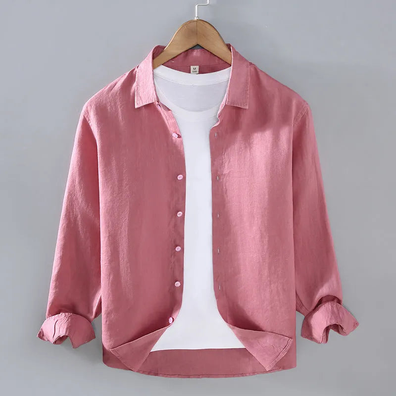 Men's pure linen simple cardigan shirt in a solid colour with long sleeves.