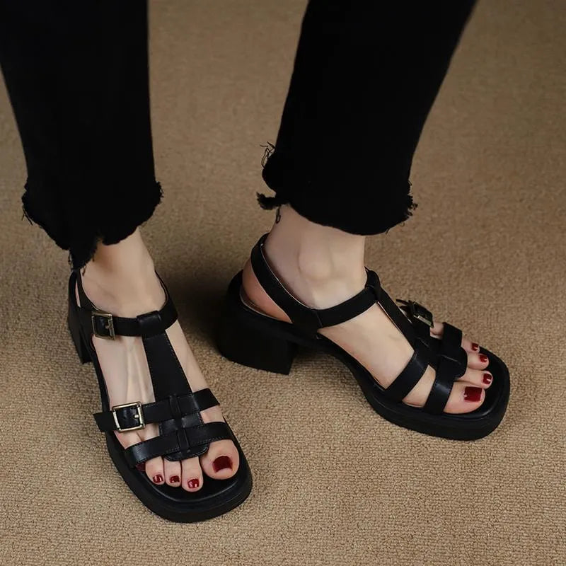Women's black retro sandals with T-buckle and chunky platform heel