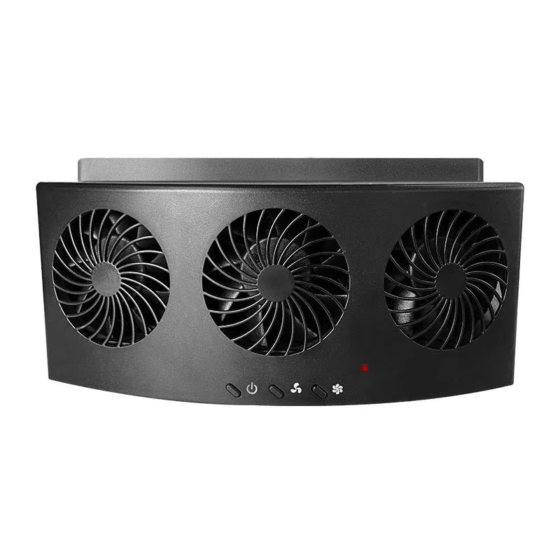 Black and white USB car ventilation fan for exhaust odour removal measuring 23x11x7cm