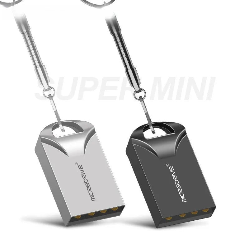 Compact black and silver metal USB flash drive on a white background showing its small size.