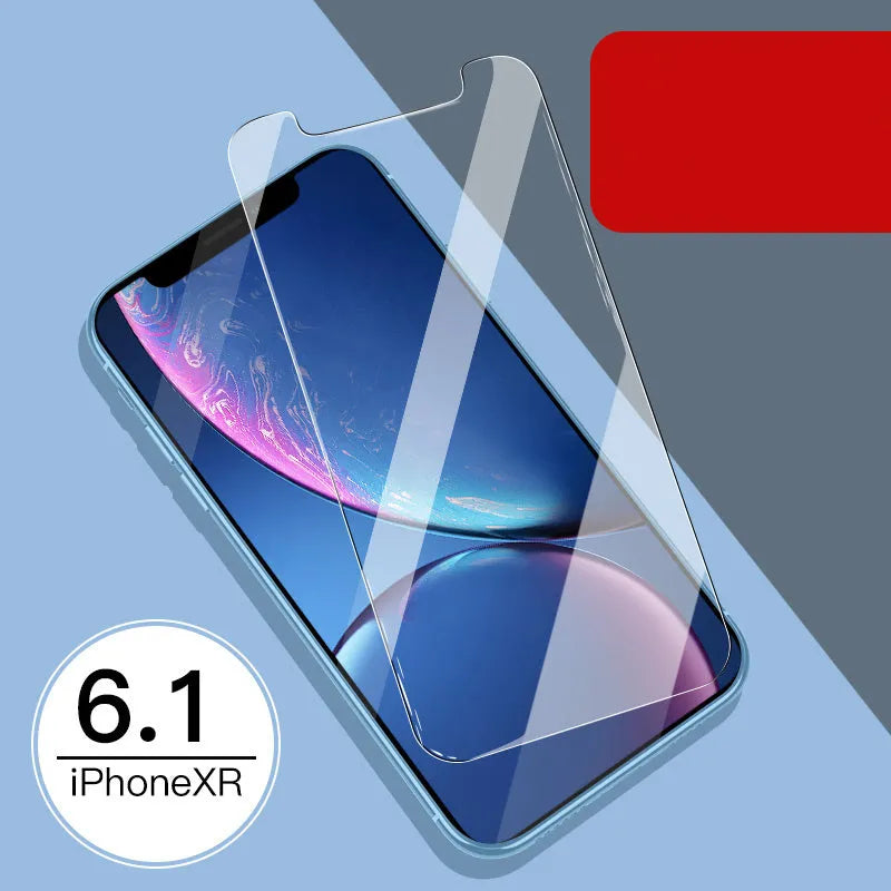 Tempered glass screen and rear camera protectors for Apple iPhone models on a white background.