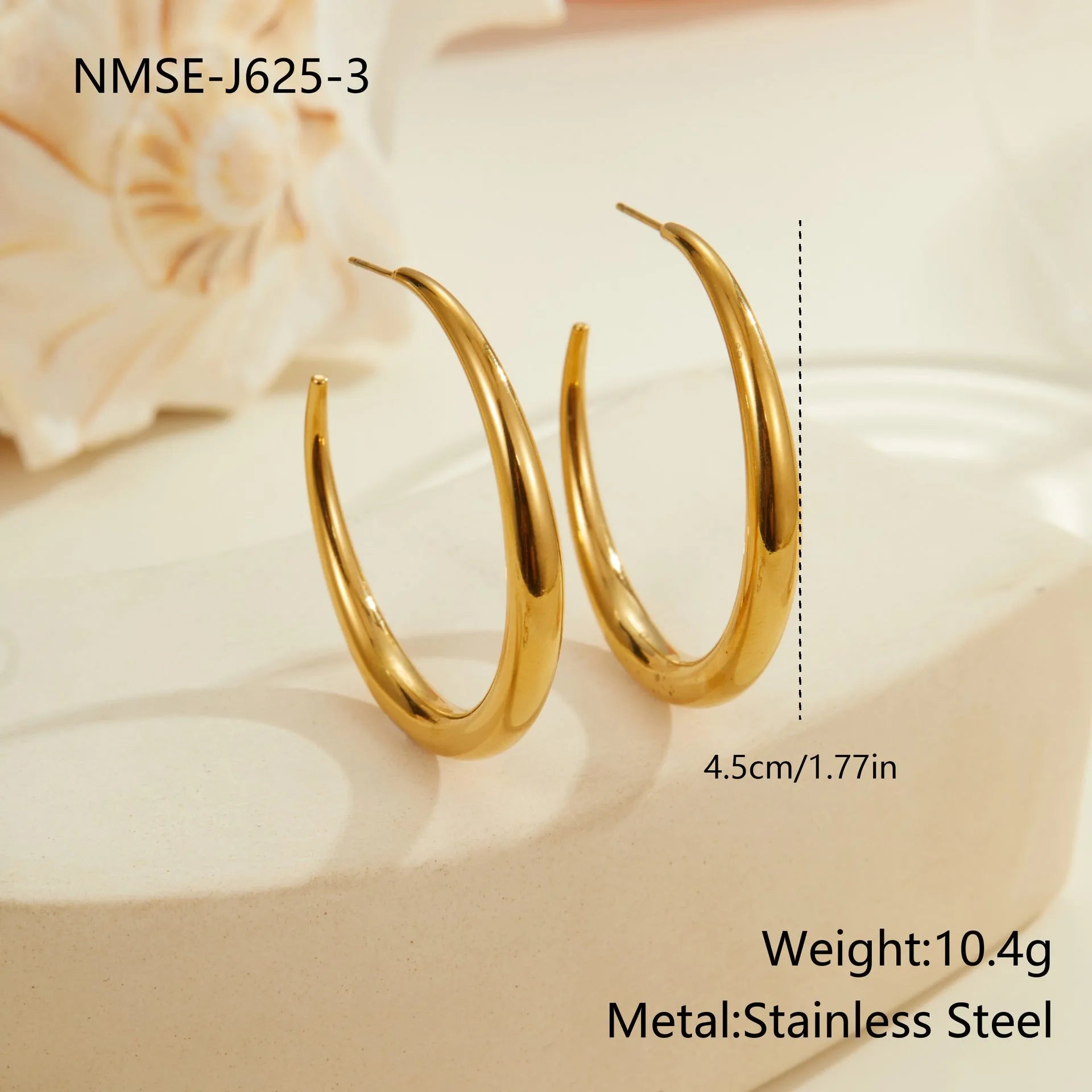 Geometric round stainless steel hoop earrings with gold plating, shown in large and small sizes.
