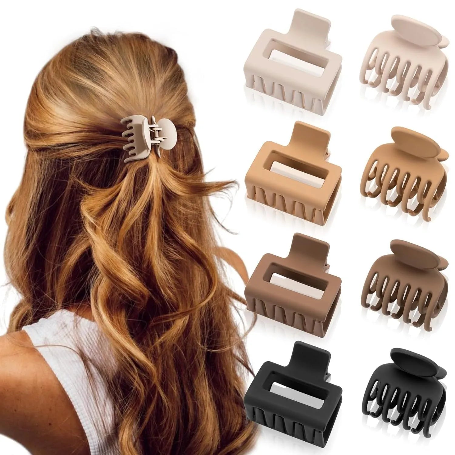 Six rose red plastic hair clips with frosted grip surface and quadrilateral pointed toe design
