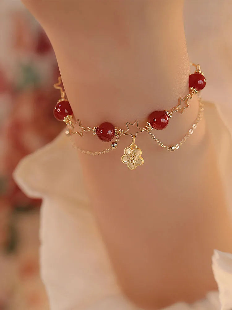 Red agate double-layer women's bracelet with hand-carved peach blossom floral design