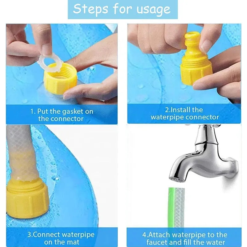 Large blue anti-slip dog splash pad pool with inflated sides in a garden.