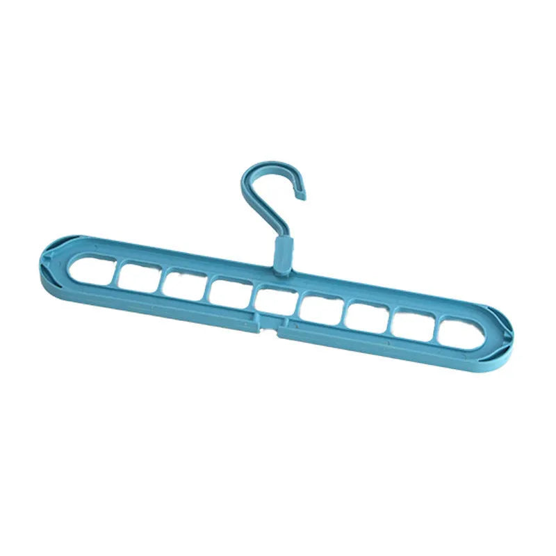 Foldable plastic hanger with nine holes for hanging trousers, shown in a choice of colours.