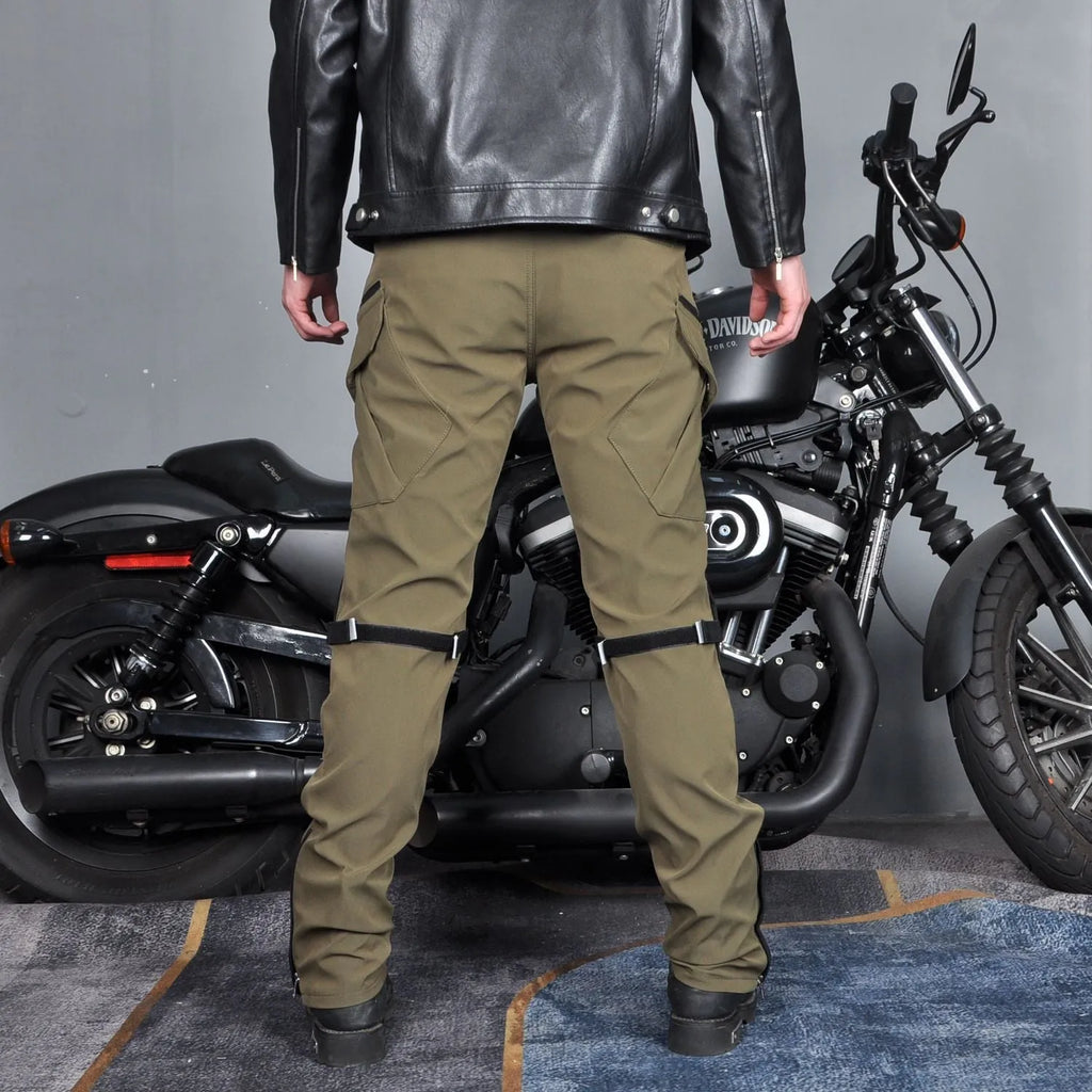 Men's black and green waterproof motorcycle cycling trousers with detachable protective gear set.