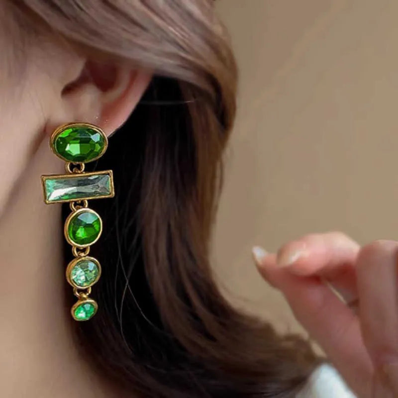 Green gradient geometric Chinese style alloy earrings with zircon inlay and tassel detailing