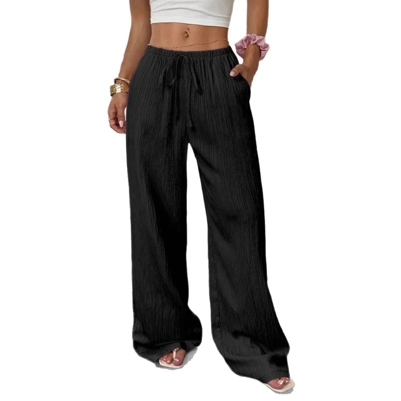 Women's black wide-leg trousers with lace-up waist detail on mid-waist