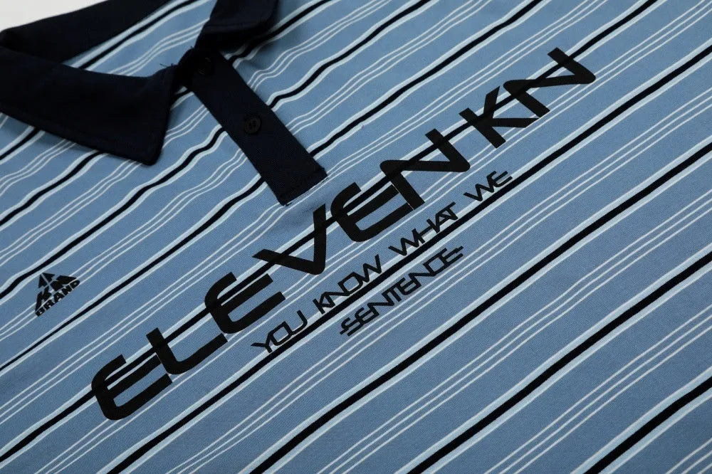 Blue stripe vintage cotton polo shirt with short sleeves and loose fit on hanger