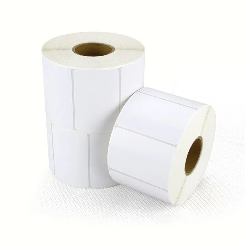 Roll of white bright film thermal paper labels measuring 40x40mm for price marking applications
