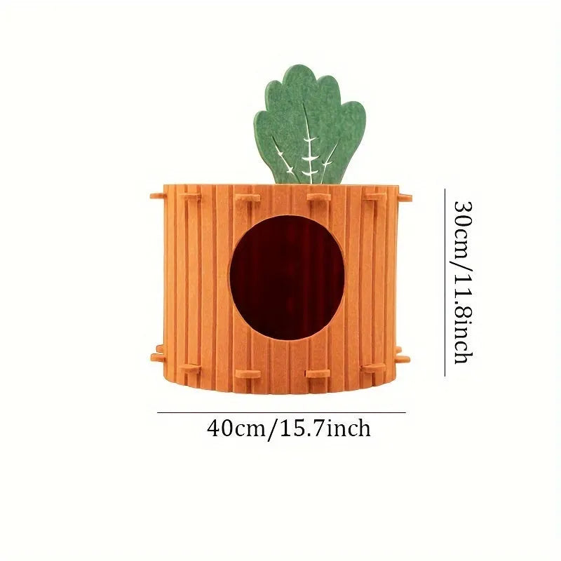Beige felt cat tunnel nest with a semi-enclosed design and round entry hole, shown next to a measuring tape indicating its size.