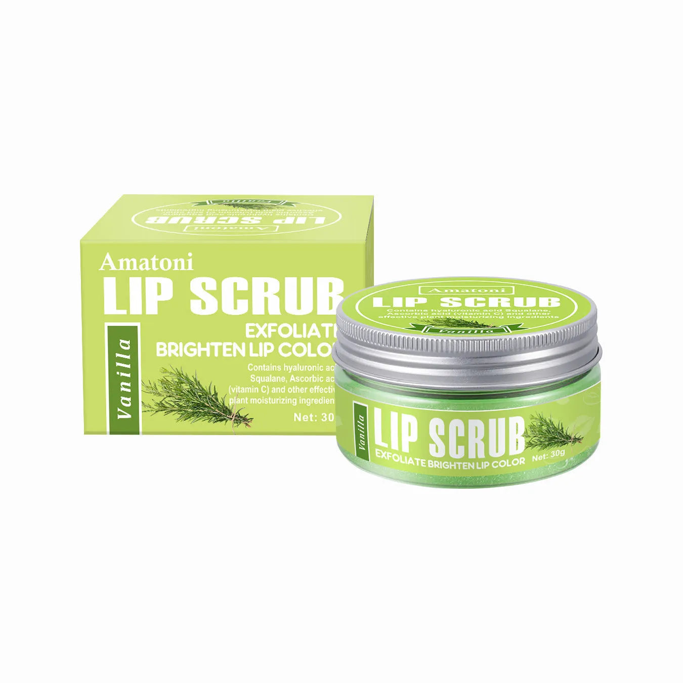 Amatoni lip scrub cream in 30g container with coconut, raspberry, vanilla, and watermelon flavour options