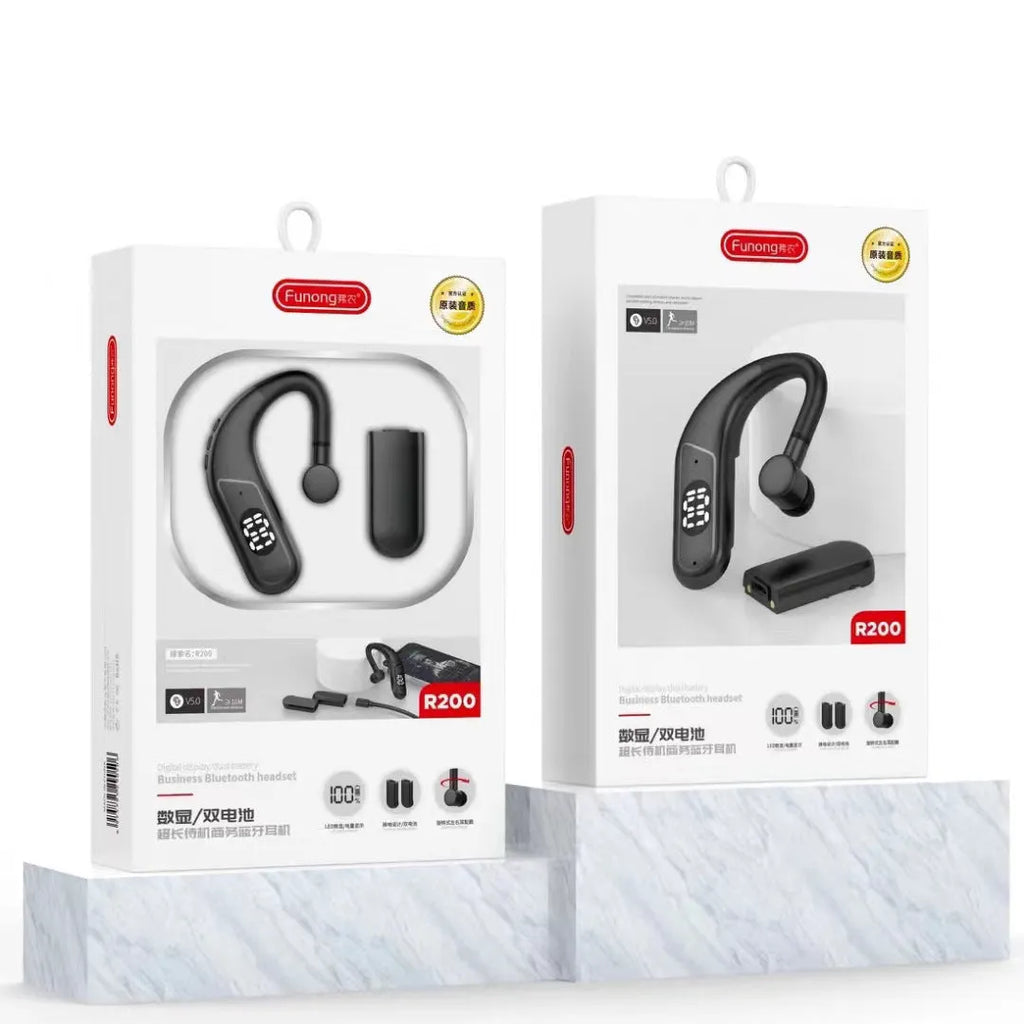 Black digital display ear hook sports headset with dual battery and in-ear fit