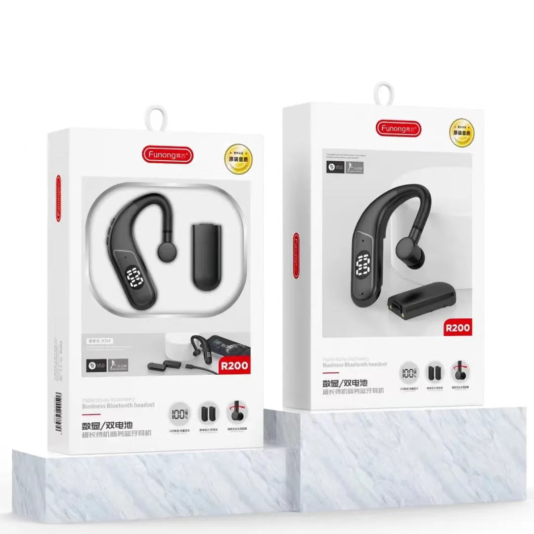 Black digital display ear hook sports headset with dual battery and in-ear fit
