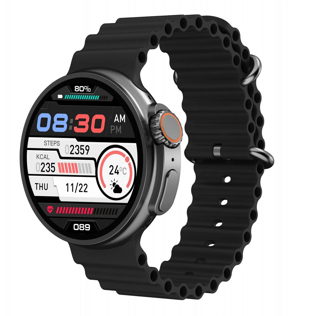 Black K9 smart watch with round screen on a silicone strap, showing a watch face with health metrics.