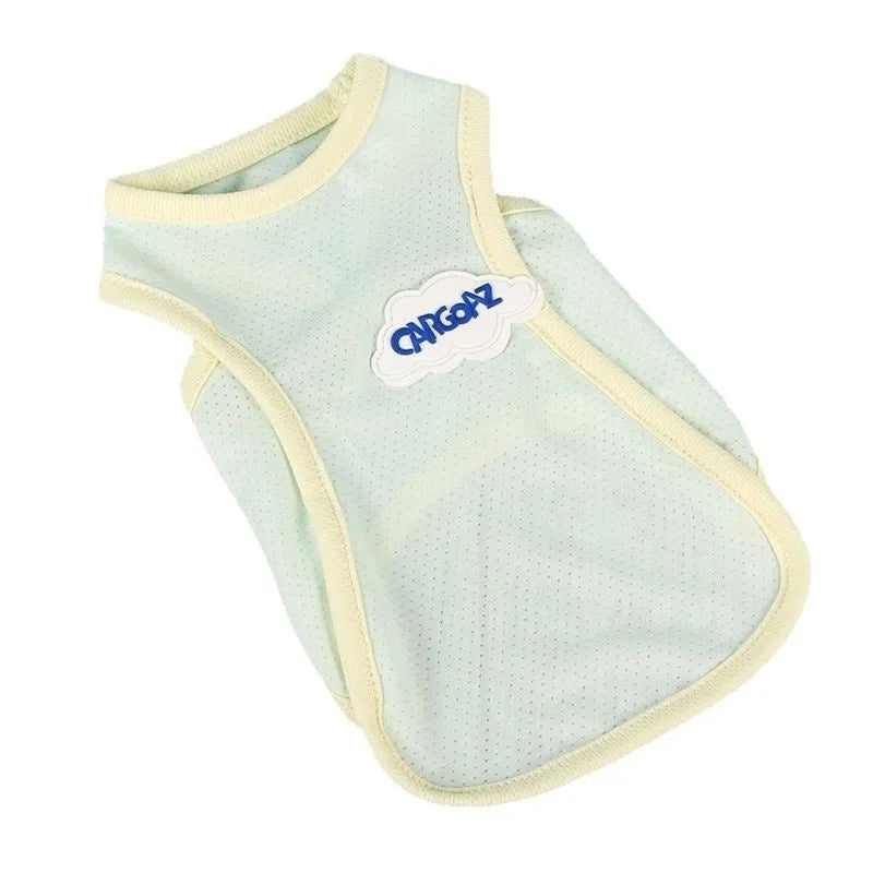 Thin polyester pet vest in grass green or taro purple for cats, sports style summer clothing with anti-lint features.
