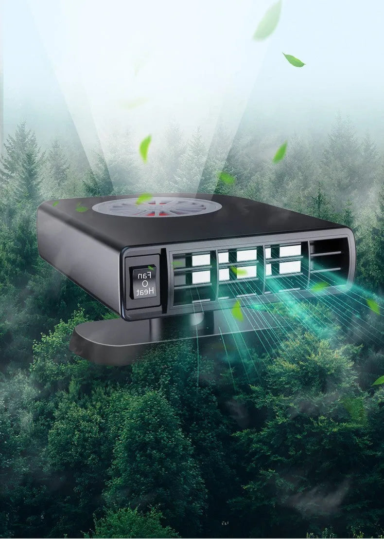 Black ABS plastic vehicle-mounted heater with adjustable vents, shown with double-sided adhesive mount.