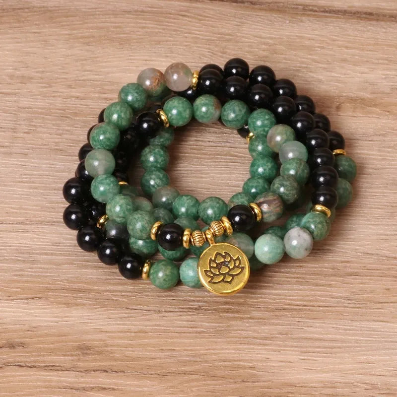 Green and black alloy elastic beaded long bracelet with stretch band