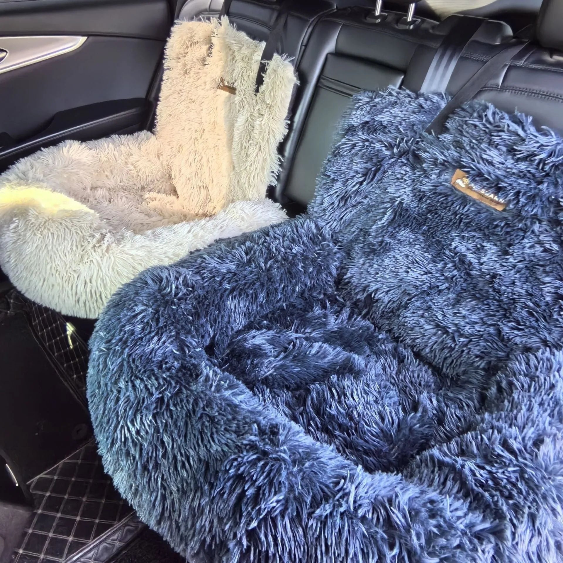 Cloth winter thermal pet mat for car seats in beige or dark grey.