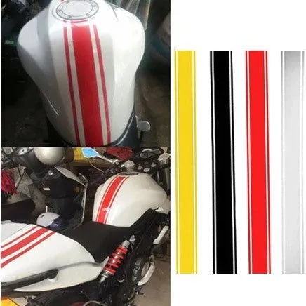 Motorcycle petrol tank reflective pinstripe sticker in black, red, silver, or yellow measuring 50cm by 4.5cm