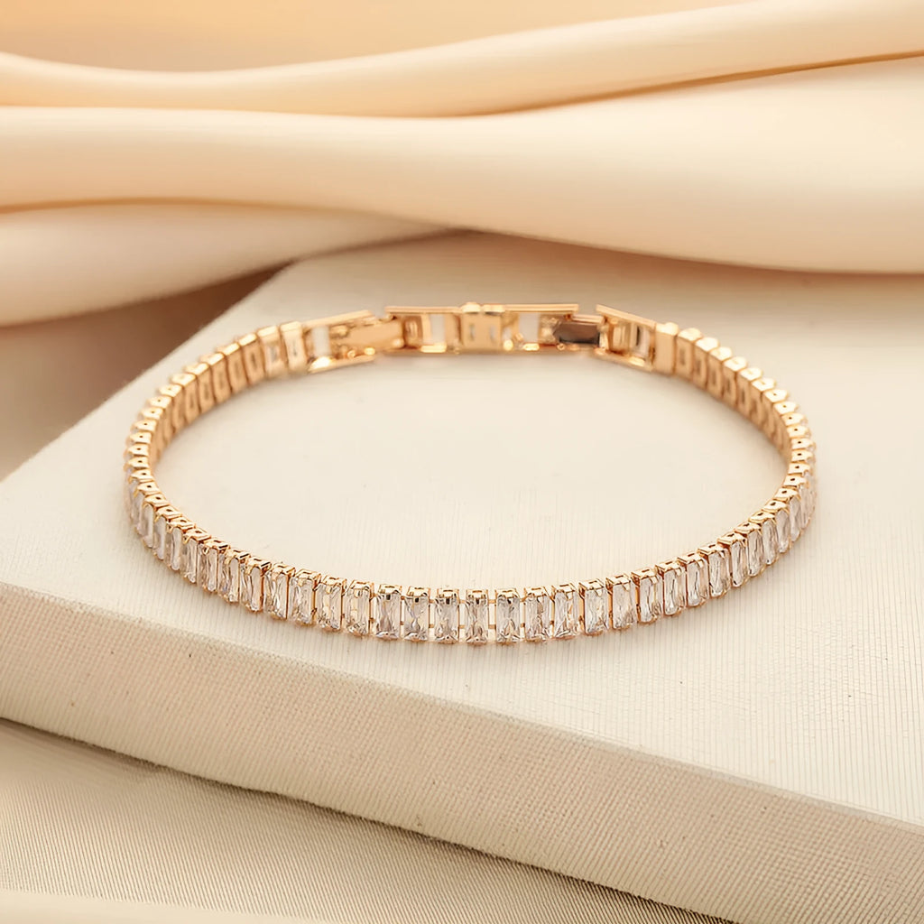 Women's rectangular brass bracelet with full diamond pattern in zircon stones in champagne gold finish