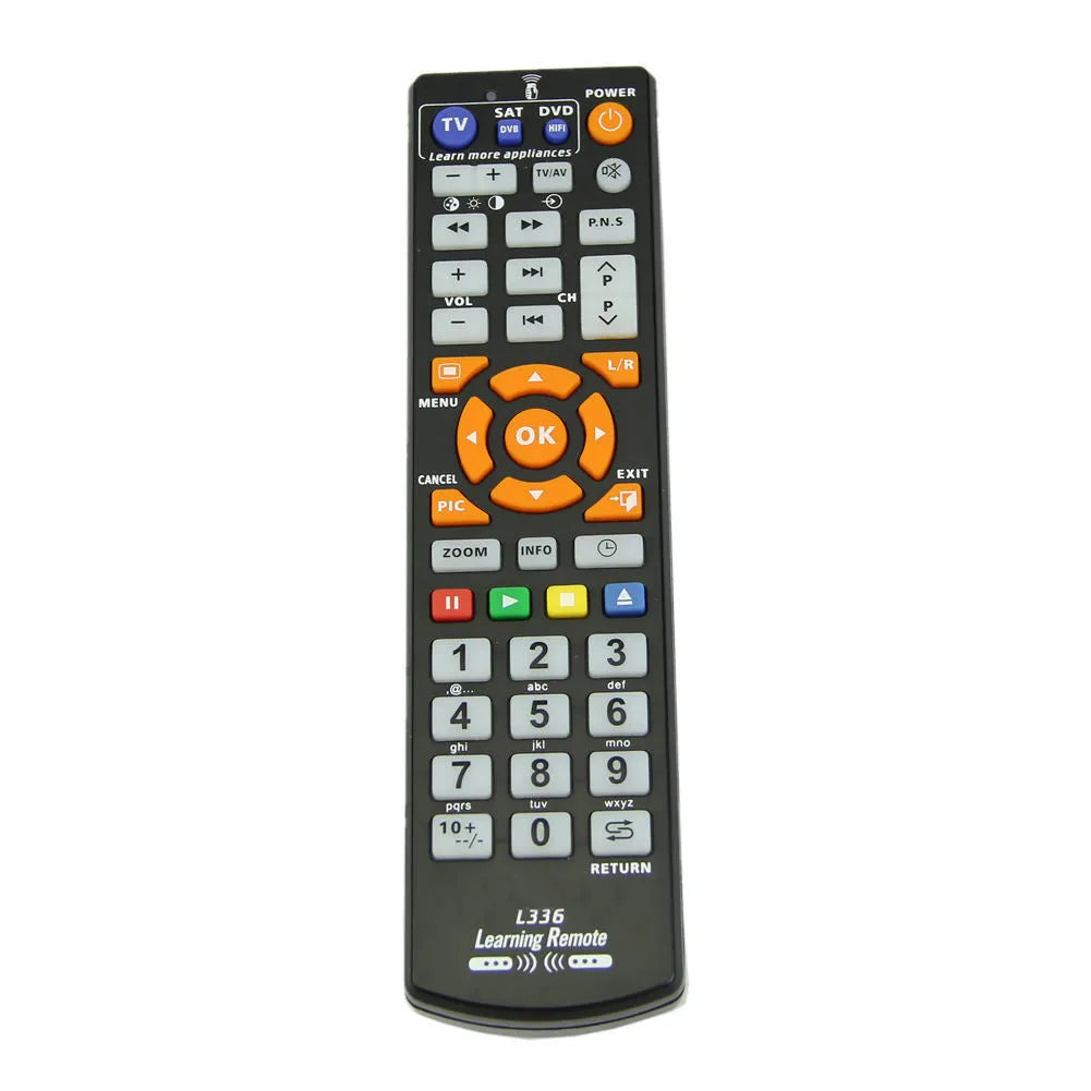 Black L336 learning remote control with standard button layout for audio equipment