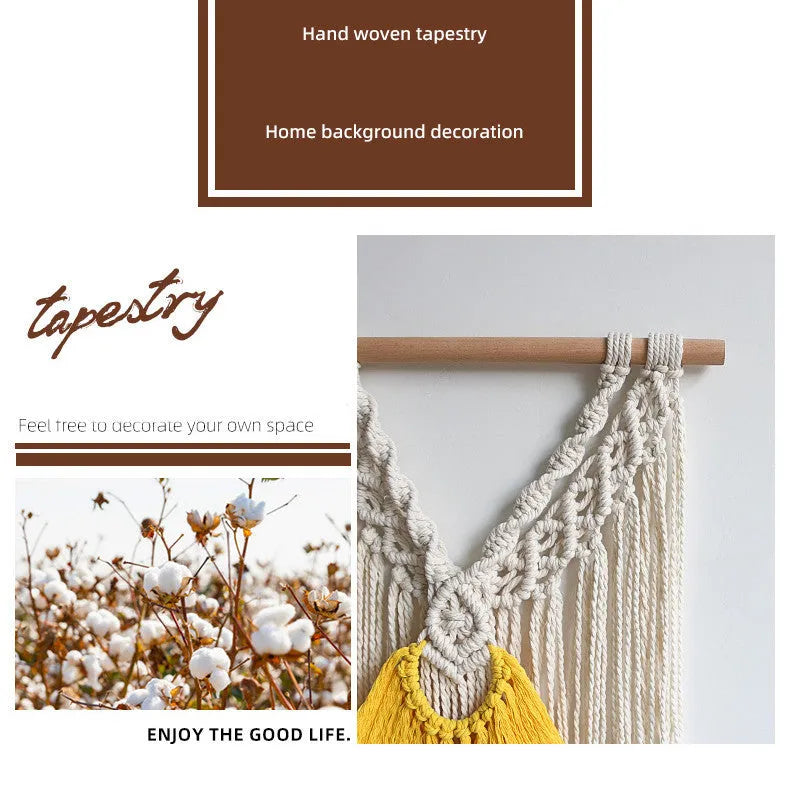 Hand-made cotton Nordic tapestry wall hanging in creamy white with yellow accents, 120cm by 95cm