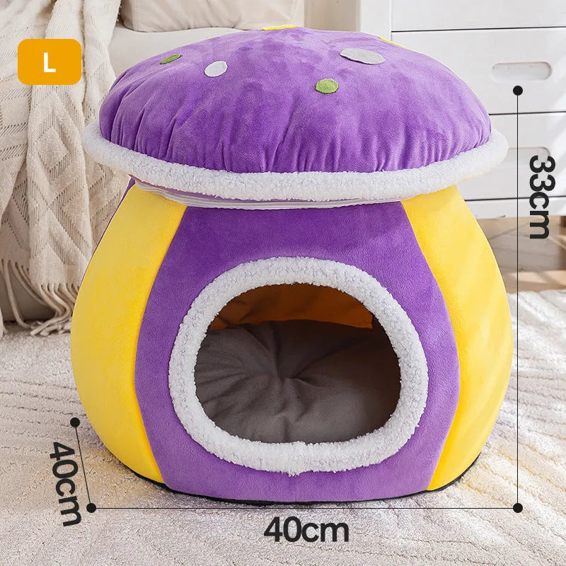 Grey mushroom-shaped plush cat bed with a detachable design and included blanket.