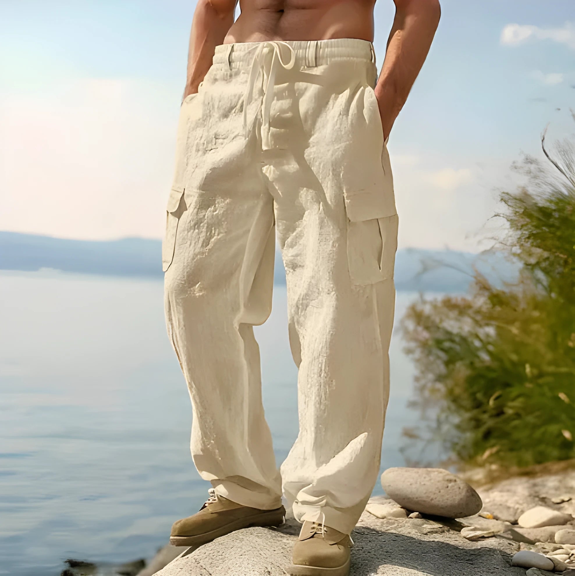 Men's loose thin cotton trousers with wide-leg design in various solid colours