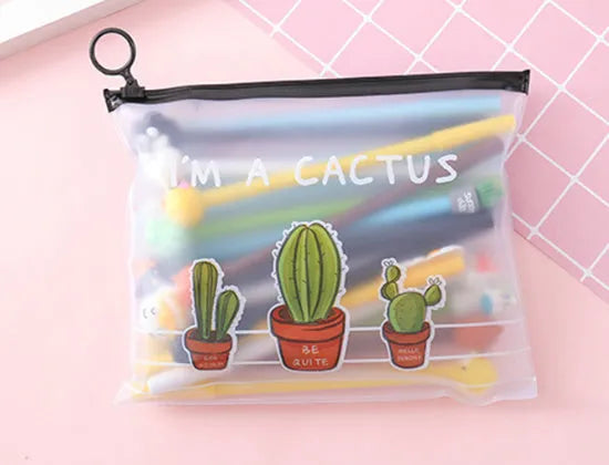Marvel plastic pen case open showing twenty cartoon cactus design 0.5mm black pens inside.
