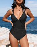 Solid colour one-piece cross shoulder strap swimsuit with nylon lining in image colour