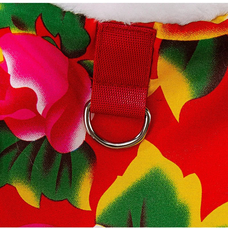 Red winter dog vest with huge peony floral pattern and D-ring, plush lined jacket for small to medium pets