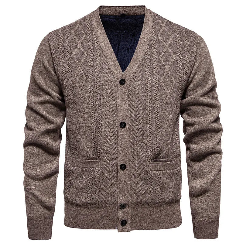 Men's long-sleeved striped cardigan sweater with wool lining in brown, gray, or red