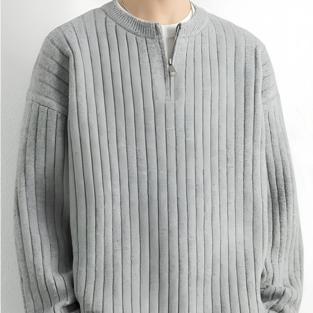 Men's grey half zip sweater with textured knit and loose fit design