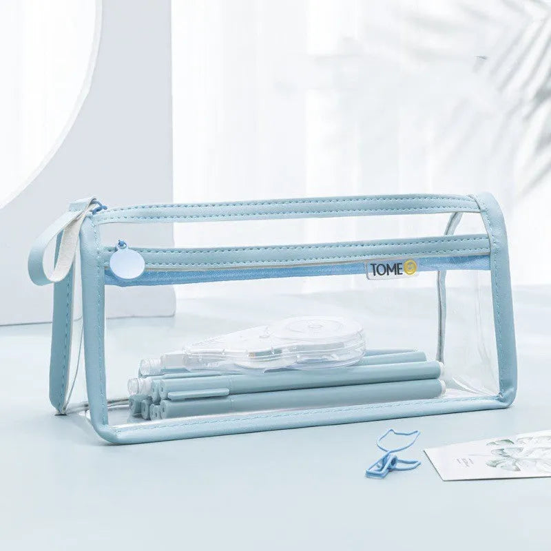 Transparent double-layer pencil case showing two compartments with writing instruments inside, dimensions 220x110x80mm