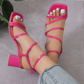 Plus size open toe slippers with ankle buckle in rose red colour showing square toe design