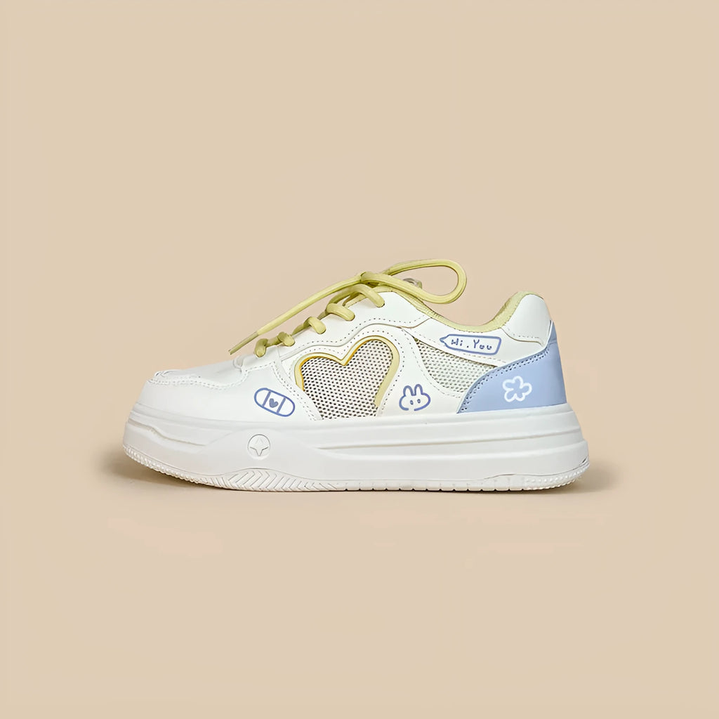 Korean style mesh breathable sneakers in Meow Rabbit Sea Salt Cheese colour with rubber soles and lace-up closure