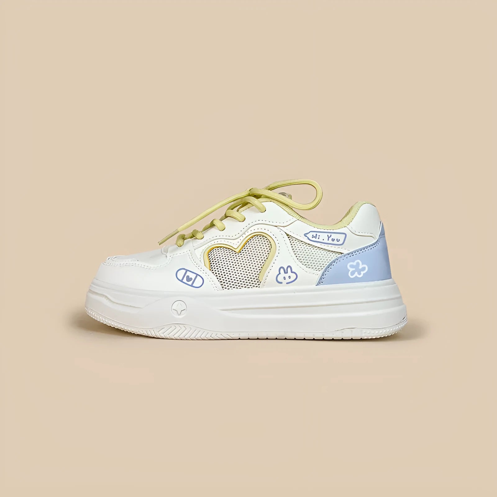 Korean style mesh breathable sneakers in Meow Rabbit Sea Salt Cheese colour with rubber soles and lace-up closure