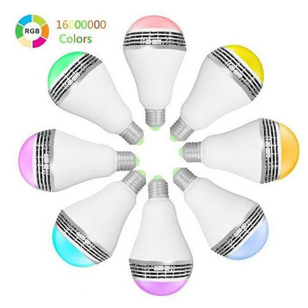 Smart E27 LED light bulb with integrated Bluetooth speaker for coloured lighting and music.