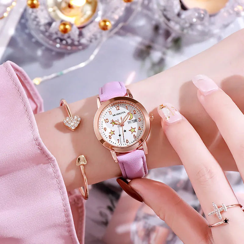 Women's quartz watch with double calendar luminous dial in pink colour