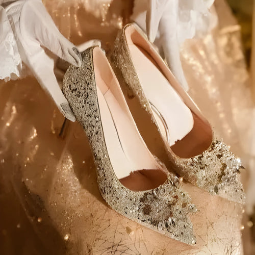 Champagne wedding shoes with rhinestone fragmented flower pattern and pointed toe