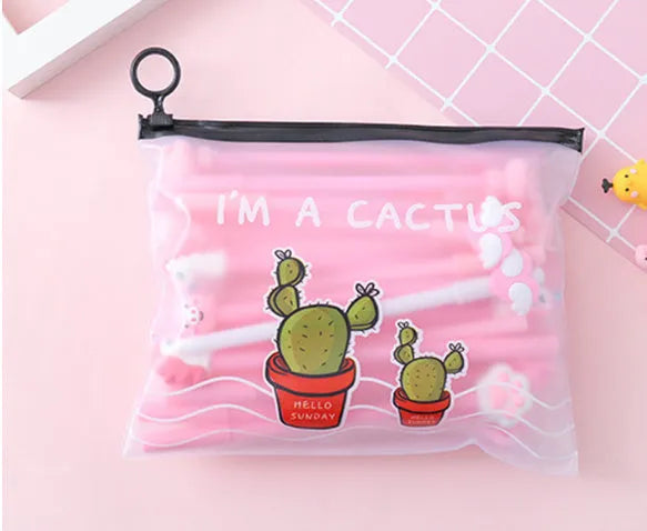 Marvel plastic pen case open showing twenty cartoon cactus design 0.5mm black pens inside.
