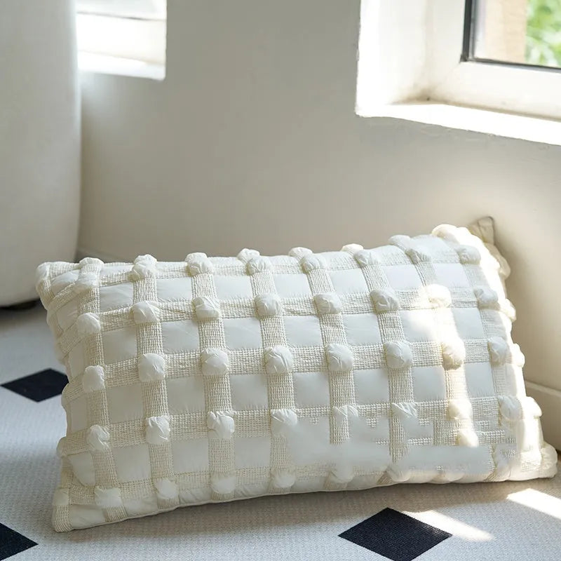 Coffee brown striped Chinese classical style decorative sofa cushion on a grey sofa.